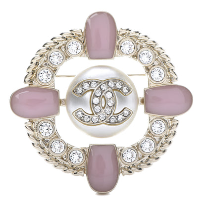 Chanel Crystal Pearl Enamel CC Brooch Gold Pink 1 of 5