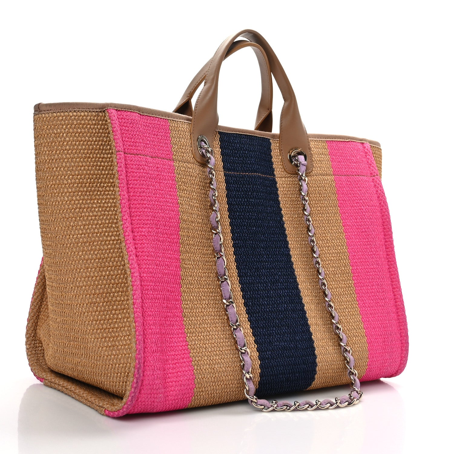 Chanel Straw Raffia Calfskin Striped Medium Deauville Tote Dark Beige Fuchsia Navy Blue 3 of 9