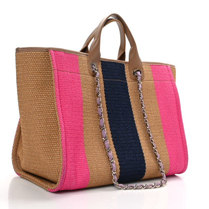 Chanel Straw Raffia Calfskin Striped Medium Deauville Tote Dark Beige Fuchsia Navy Blue 3 of 9