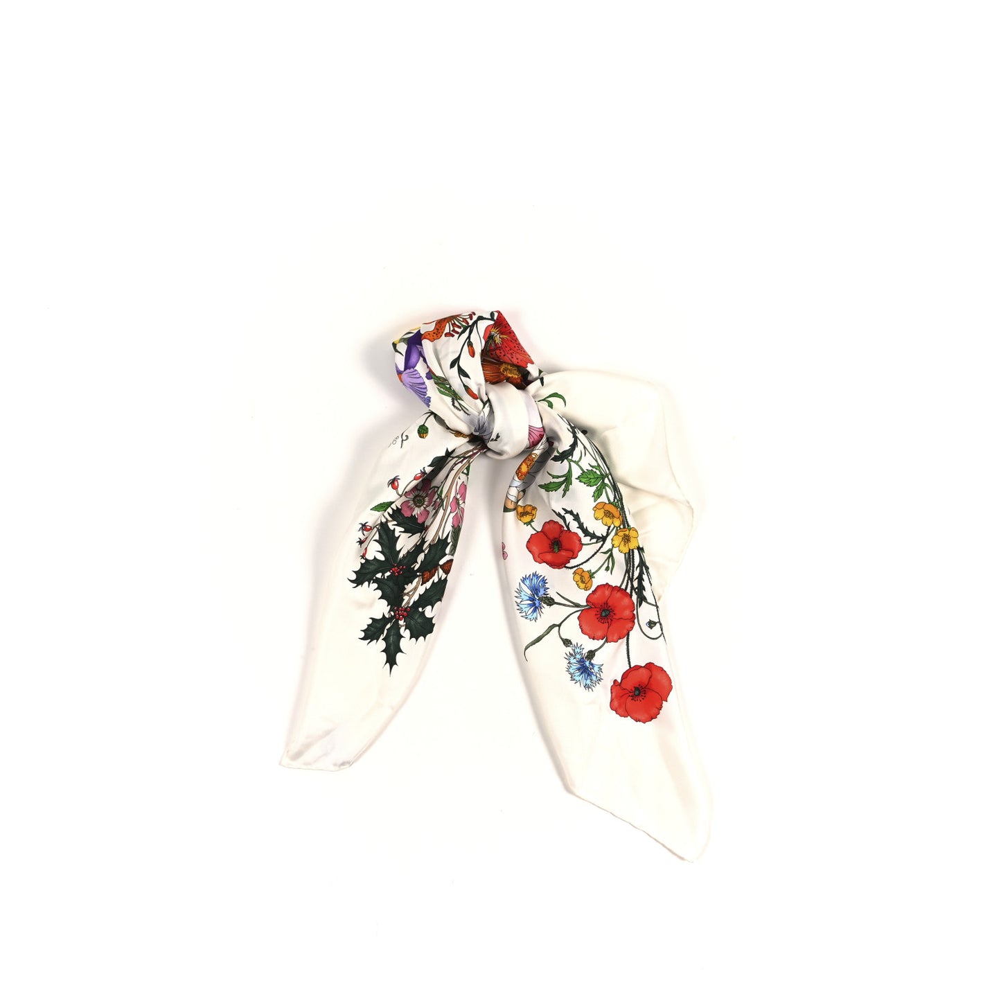 Silk Twill Flora Square Scarf White