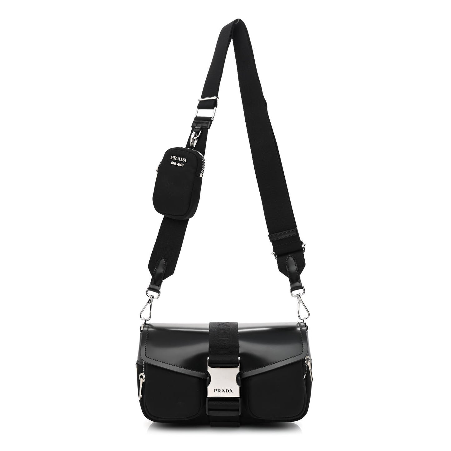 Re-Nylon Spazzolato Double Pocket Buckle Shoulder Bag Black