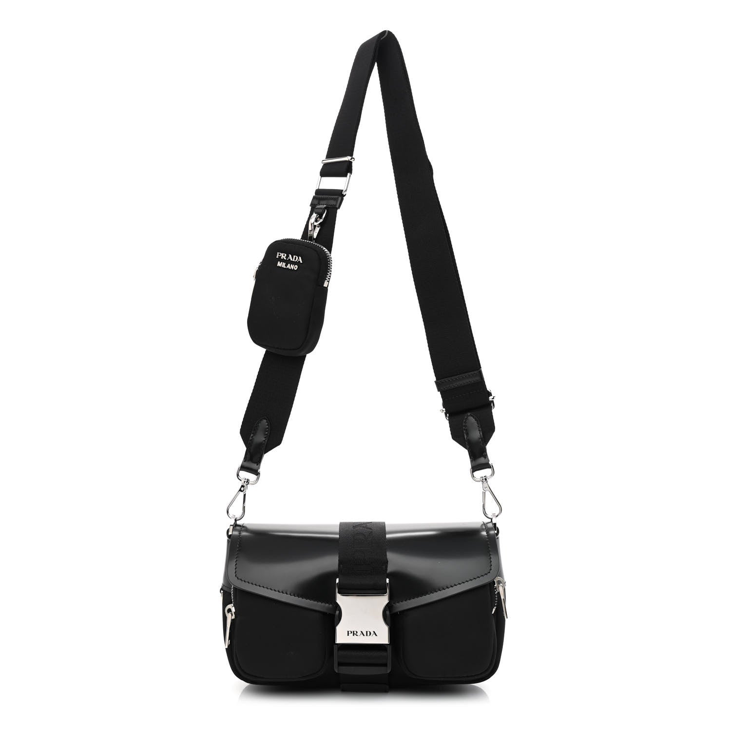 Prada Re-Nylon Spazzolato Double Pocket Buckle Shoulder Bag Black 1 of 11