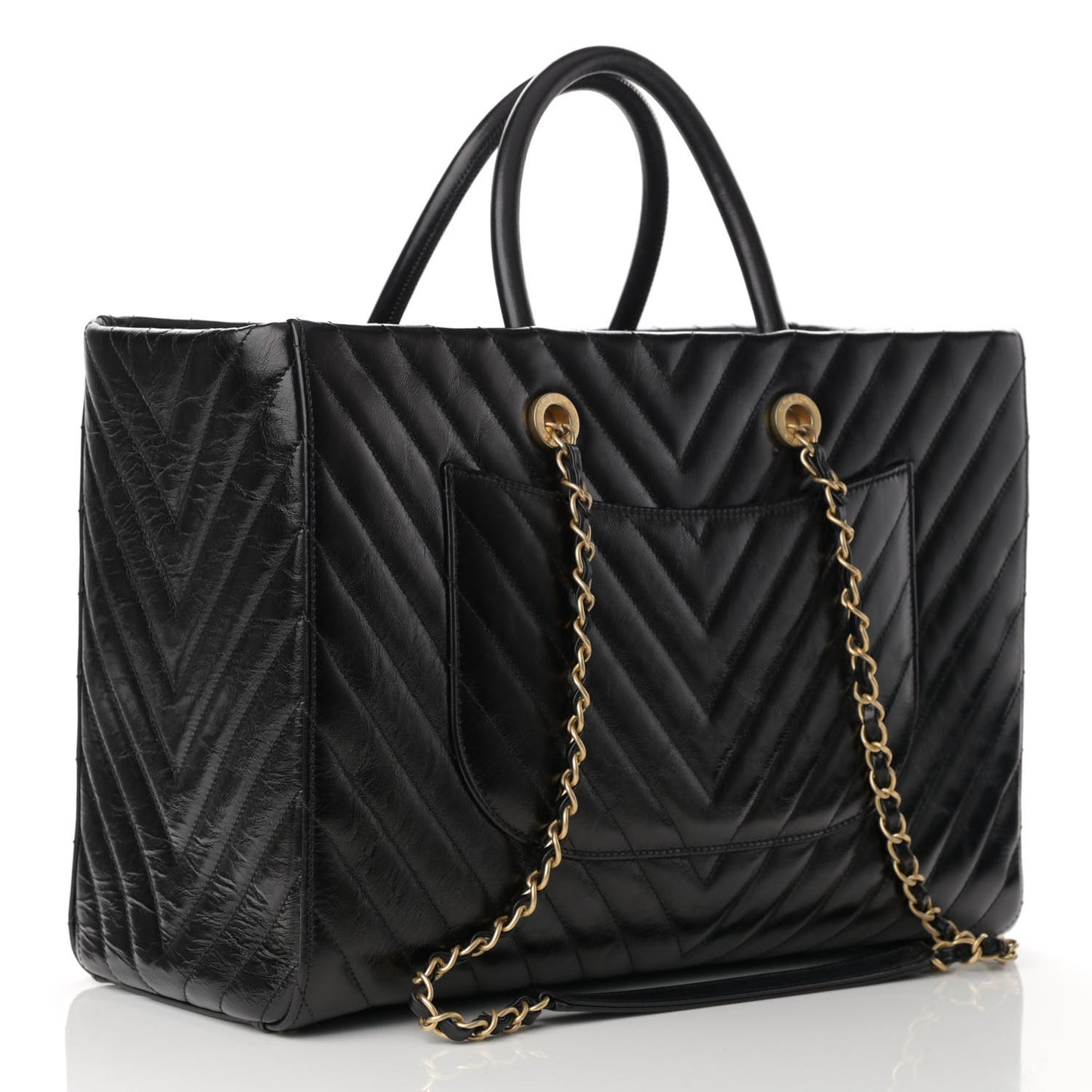 Aged Calfskin Chevron Large Coco Handle Shopping Tote Black