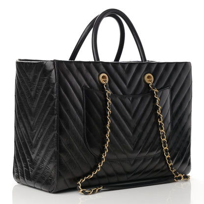 Chanel Aged Calfskin Chevron Large Coco Handle Shopping Tote Black 3 of 11