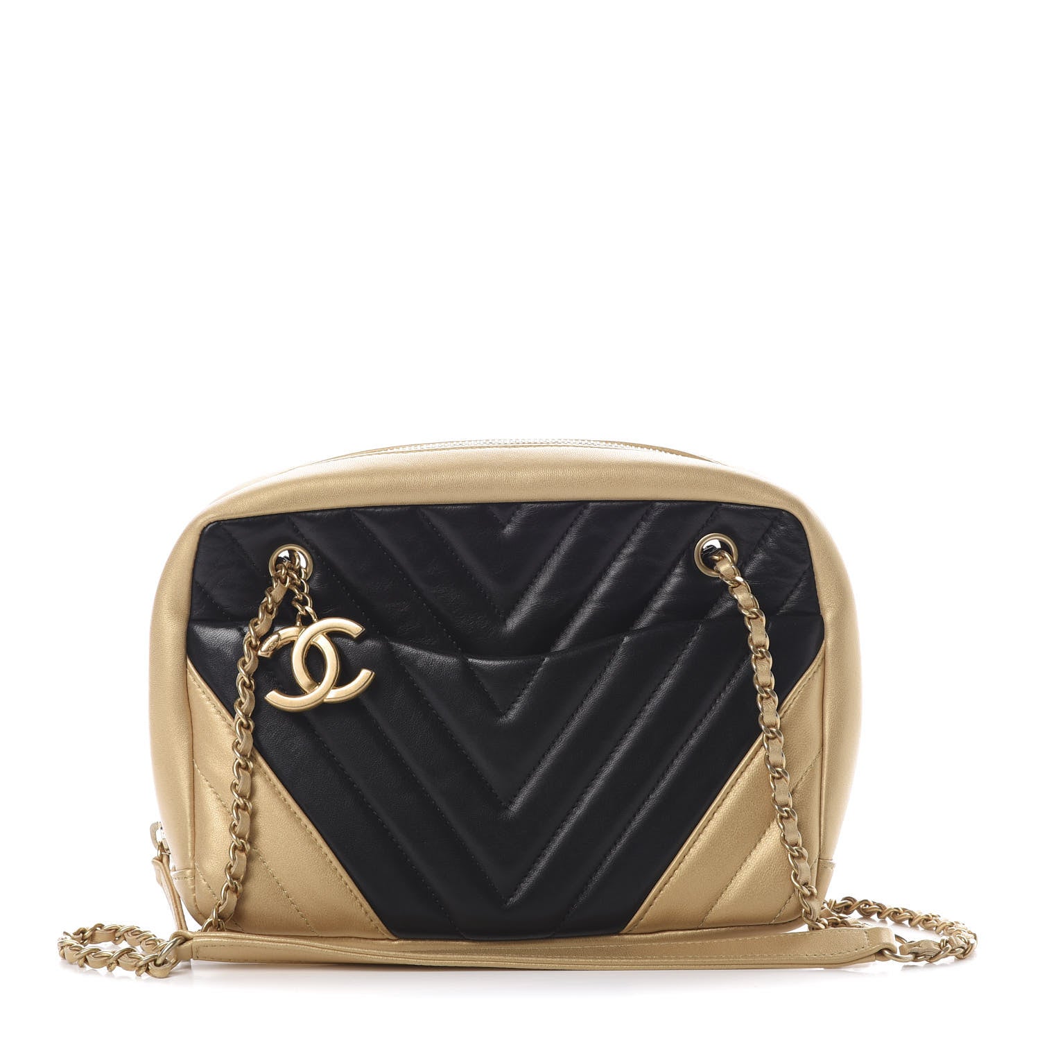 Chanel Lambskin Sheepskin Chevron Camera Case Black Gold 1 of 11