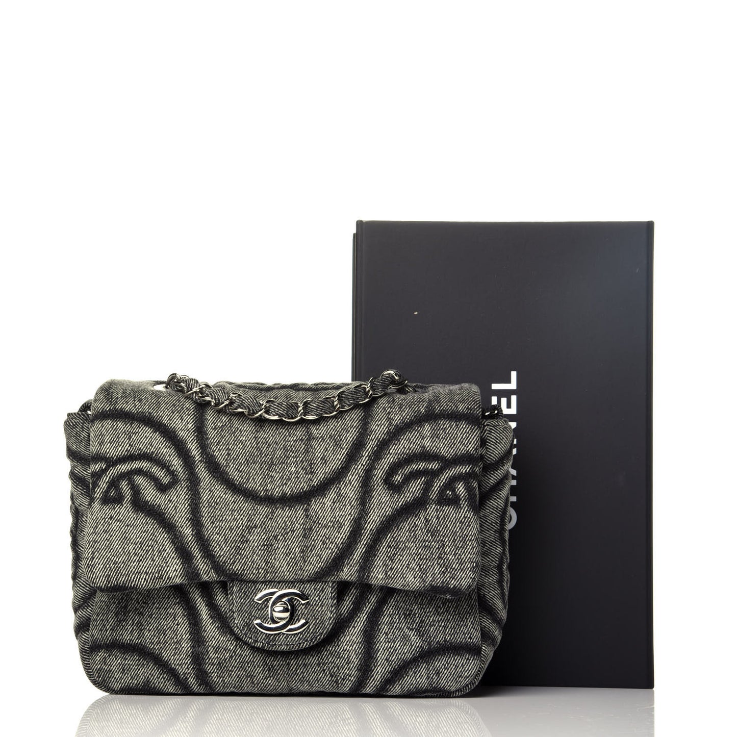 Denim Embossed CC Logo Print Mini Single Flap Black