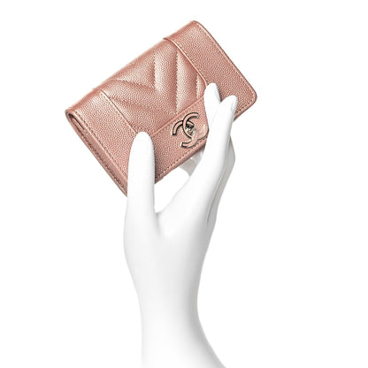 Chanel Metallic Caviar Chevron Quilted Vintage Mademoiselle Flap Card Holder Pink 2 of 9