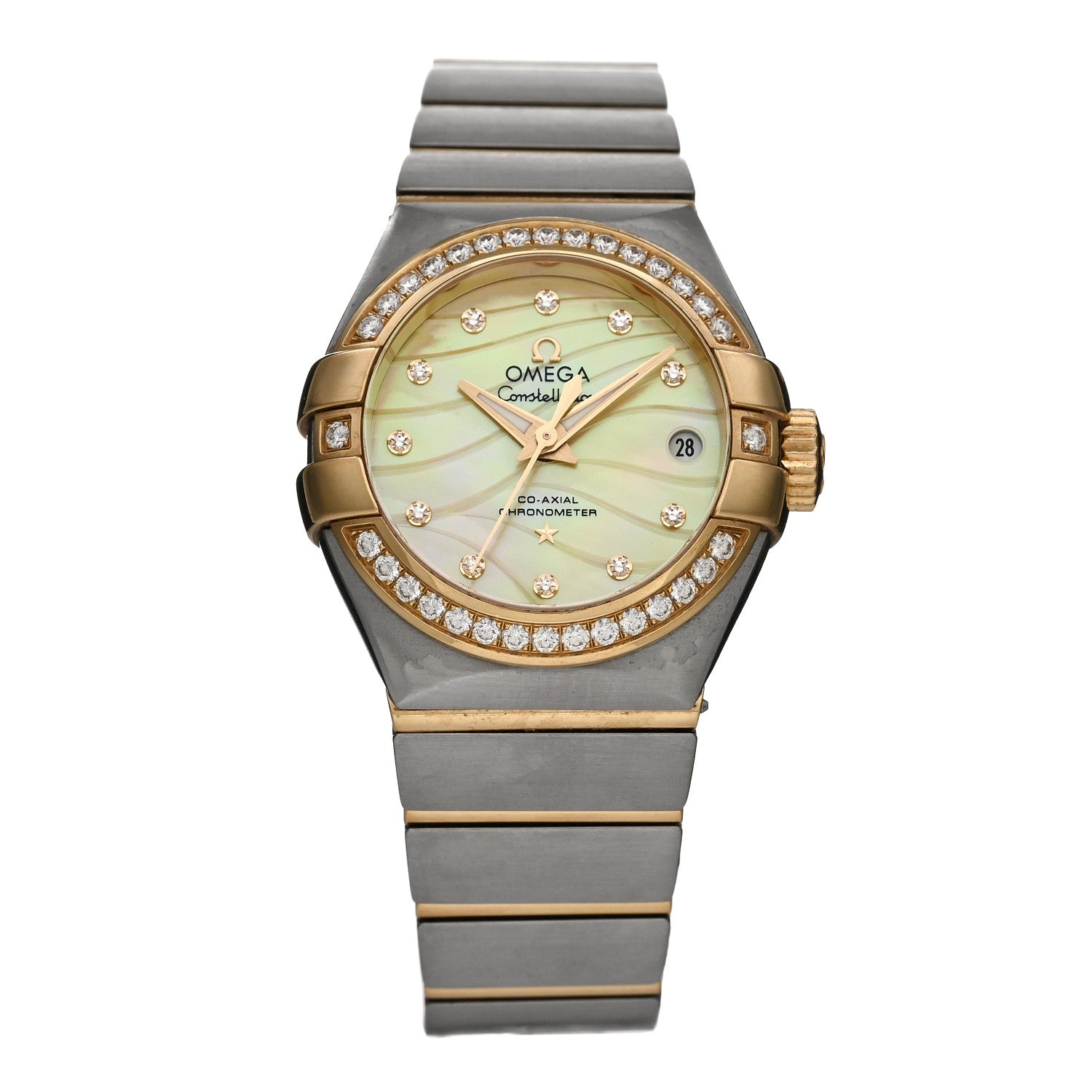 Omega Stainless Steel 18K Yellow Gold Diamond Bezel Yellow Mother of Pearl 27mm Constellation Automatic Watch 123.25.27.20.57.002 1 of 5