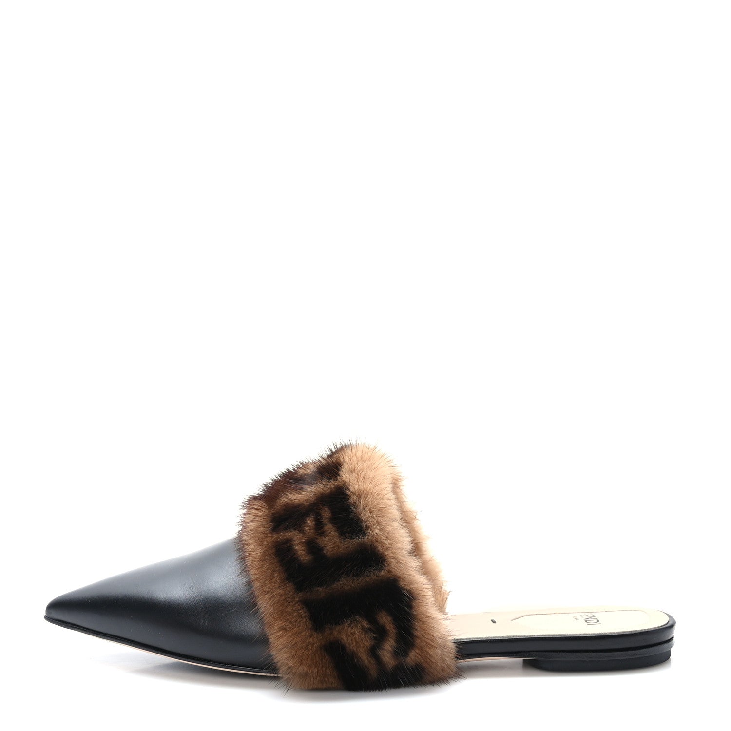 Fendi Calfskin Mink Fur FF Flat Mules 38 Black 1 of 7