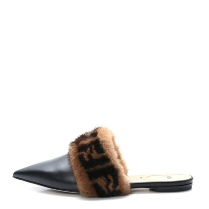 Fendi Calfskin Mink Fur FF Flat Mules 38 Black 1 of 7