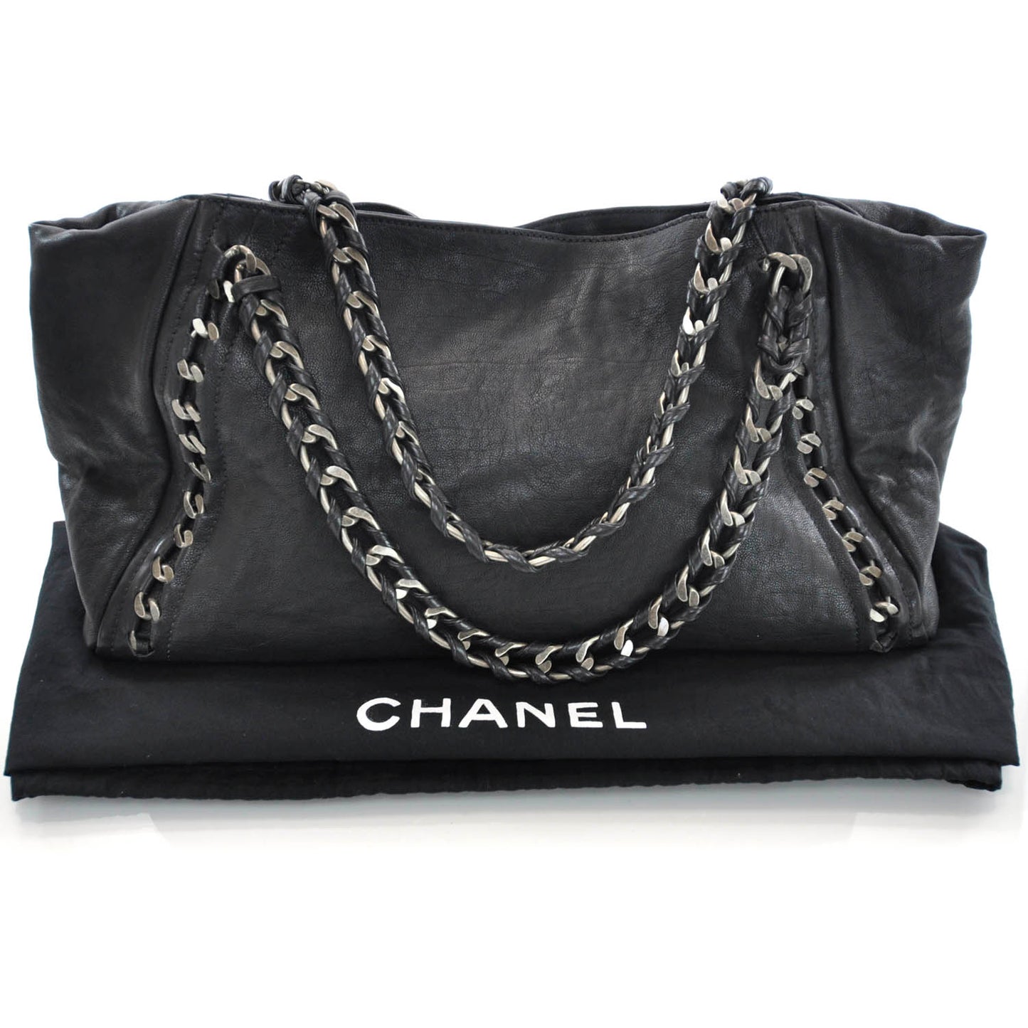 Leather Large Modern Chain Tote Black