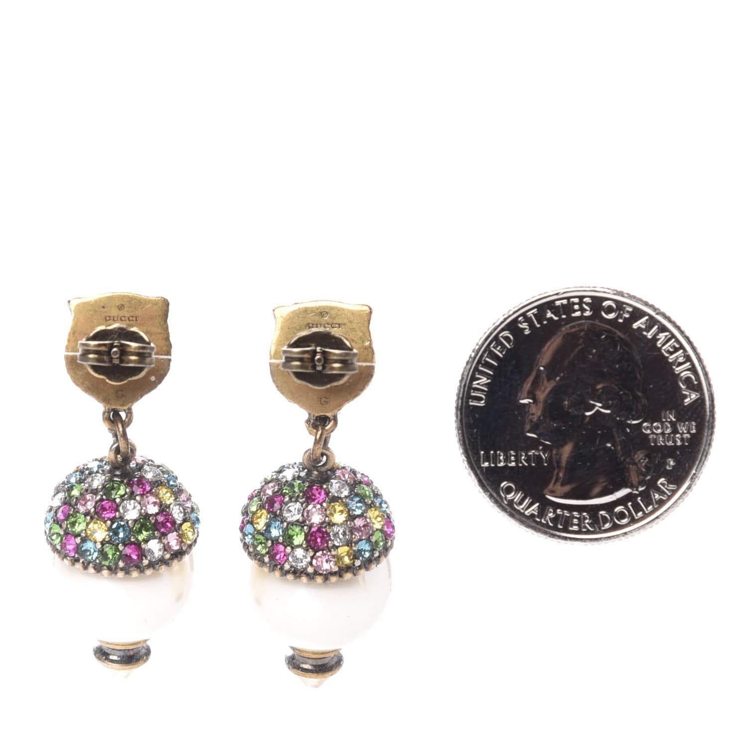 Gucci Metal Crystal Pearl Feline Earrings Aged Gold Multicolor 2 of 4