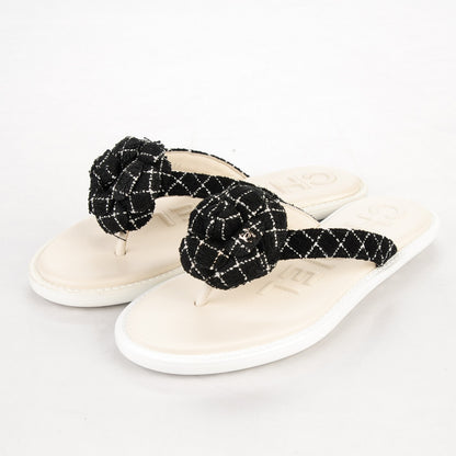 Chanel Tweed Quilted Camellia Thong Sandals 36 Black White 3 of 7