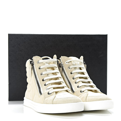 Chanel Toile Suede Calfskin CC High Top Sneakers 37 Beige White 11 of 11