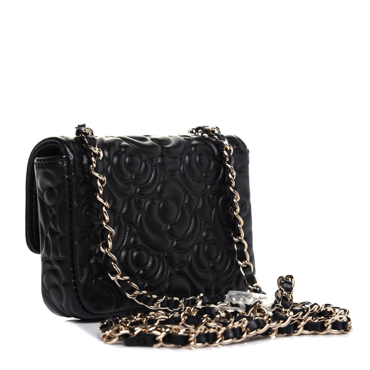 Lambskin Camellia Embossed Chain Belt Bag Black