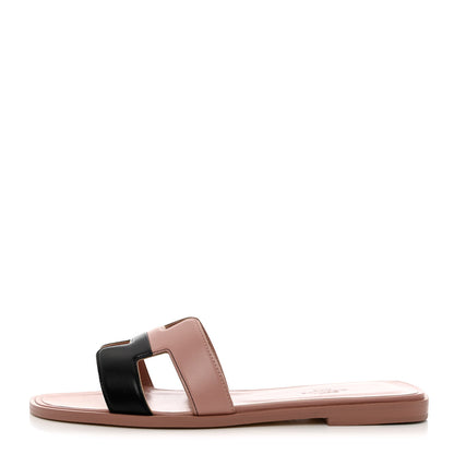 Hermes Box Calfskin Oran Sandals 37.5 Black Vieux Rose 1 of 9