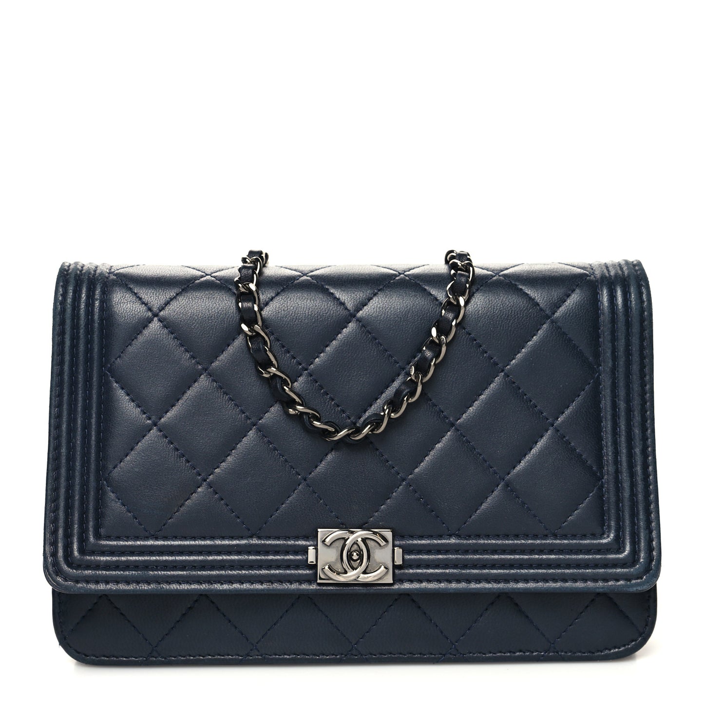 Lambskin Quilted Boy Wallet On Chain WOC Navy Blue