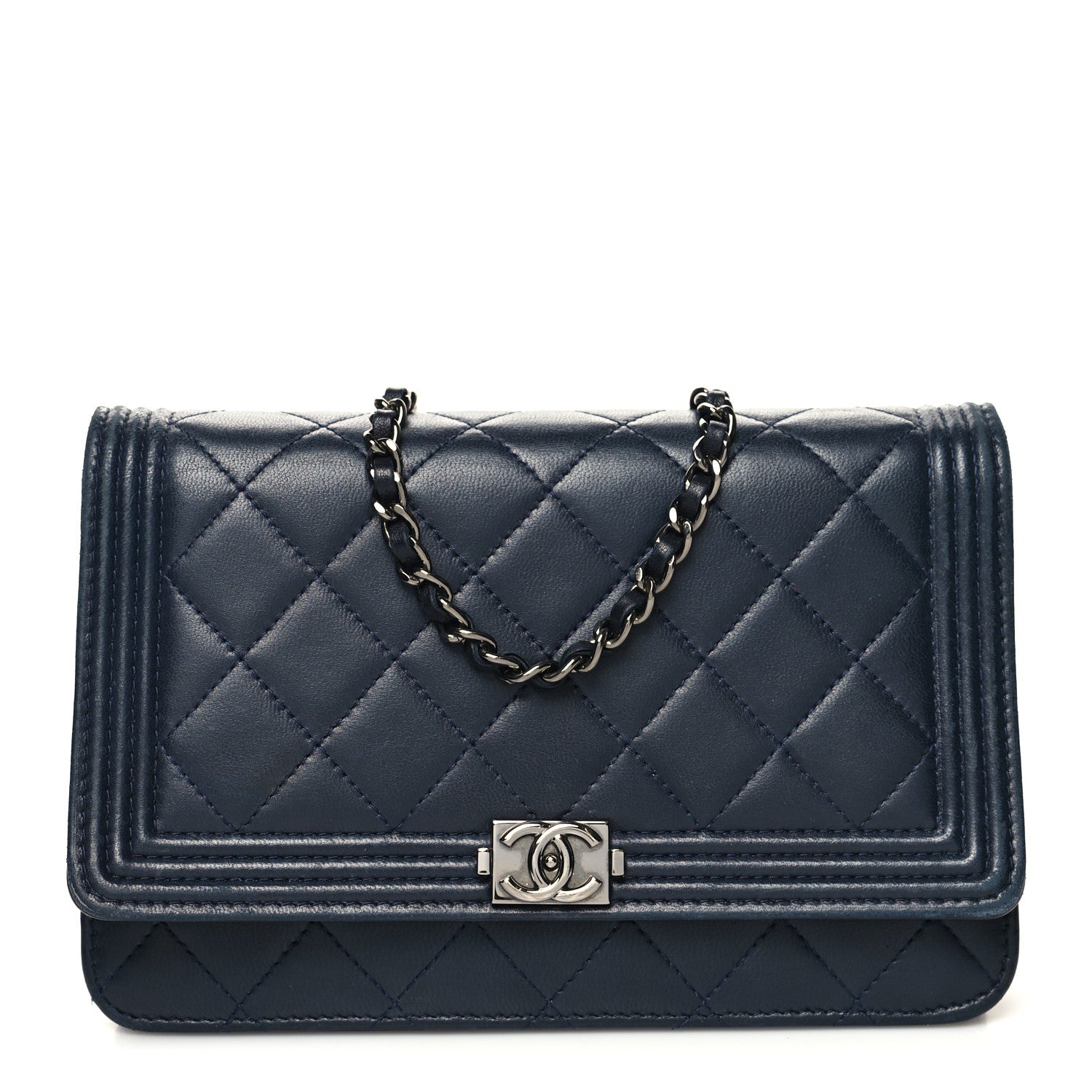 Chanel Lambskin Quilted Boy Wallet On Chain WOC Navy Blue 1 of 16