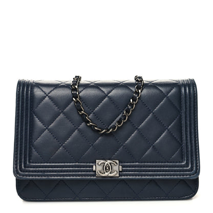 Chanel Lambskin Quilted Boy Wallet On Chain WOC Navy Blue 1 of 16
