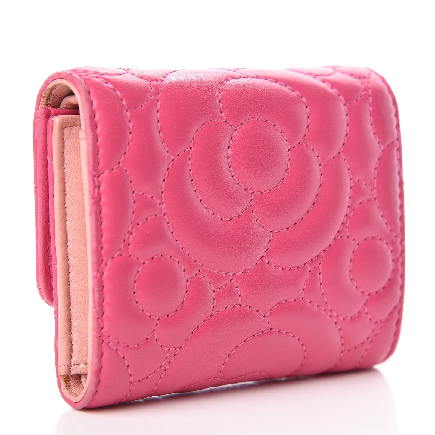Lambskin Camellia Embossed Compact Wallet Fuchsia
