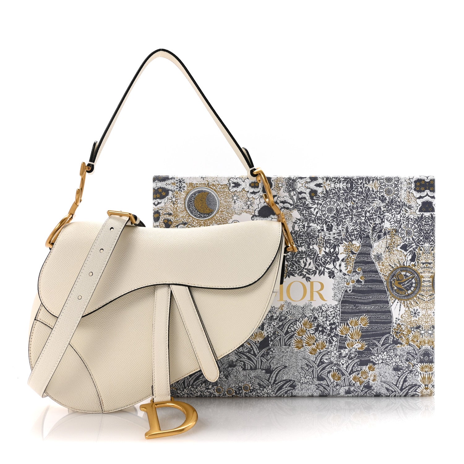 Christian Dior Grained Calfskin Saddle Bag With Strap Latte