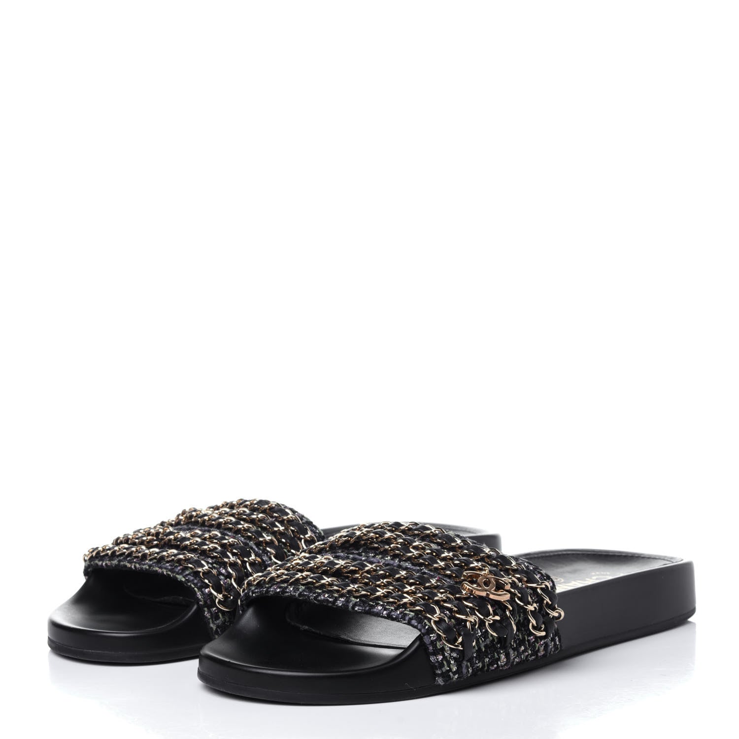 Chanel Tweed Lambskin Chain Flat Sandals 39 Black Multicolor 3 of 11