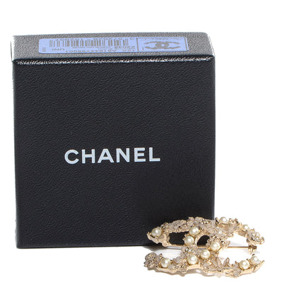 Chanel Pearl Crystal CC Flower Brooch White Nacre Gold 5 of 5