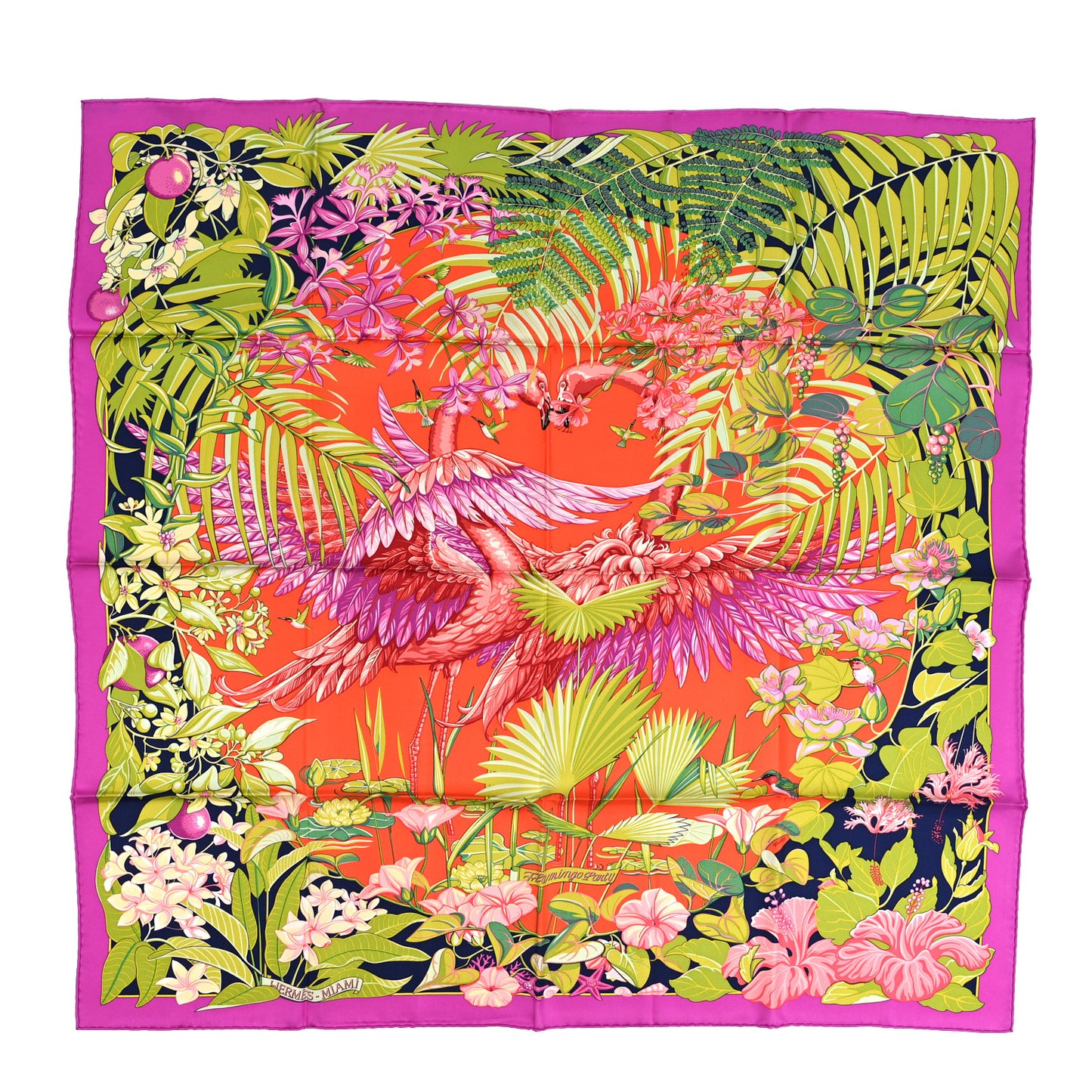 Silk Flamingo Party Scarf 90 Fuchsia Vert Orange
