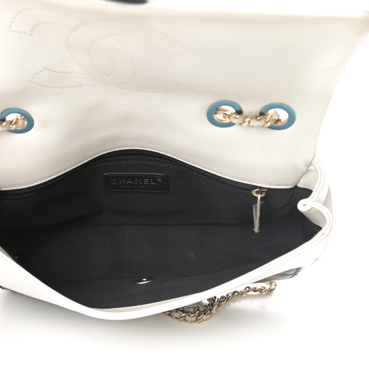 Calfskin Quilted Medium Graphic Flap Black White