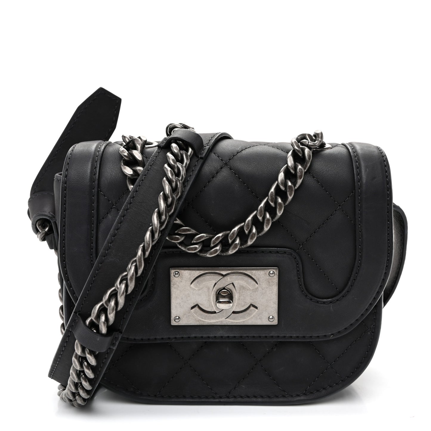 Calfskin Quilted Small Double Chained Messenger Flap Charcoal