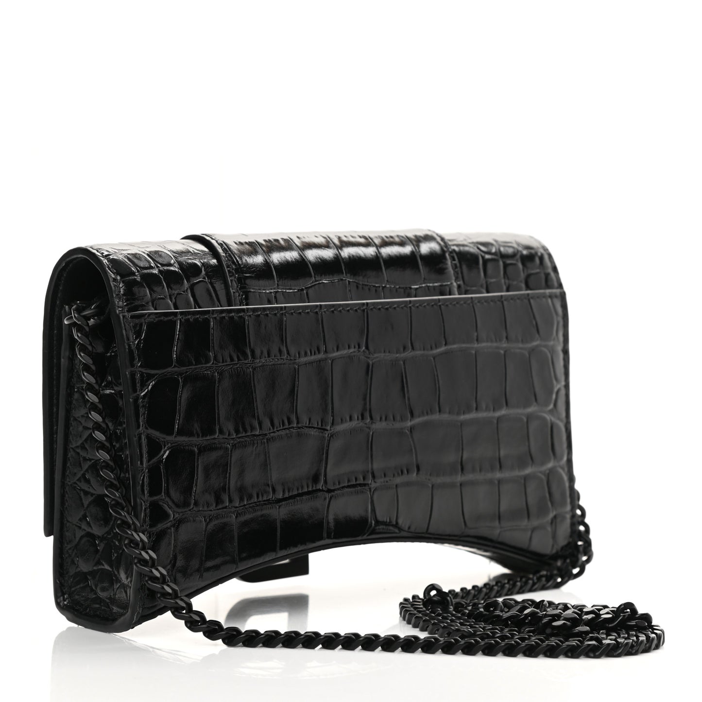 Shiny Calfskin Monochrome Crocodile Embossed Hourglass Chain Bag Black