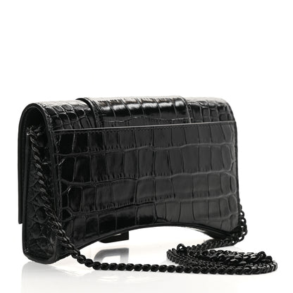 Balenciaga Shiny Calfskin Monochrome Crocodile Embossed Hourglass Chain Bag Black 3 of 15