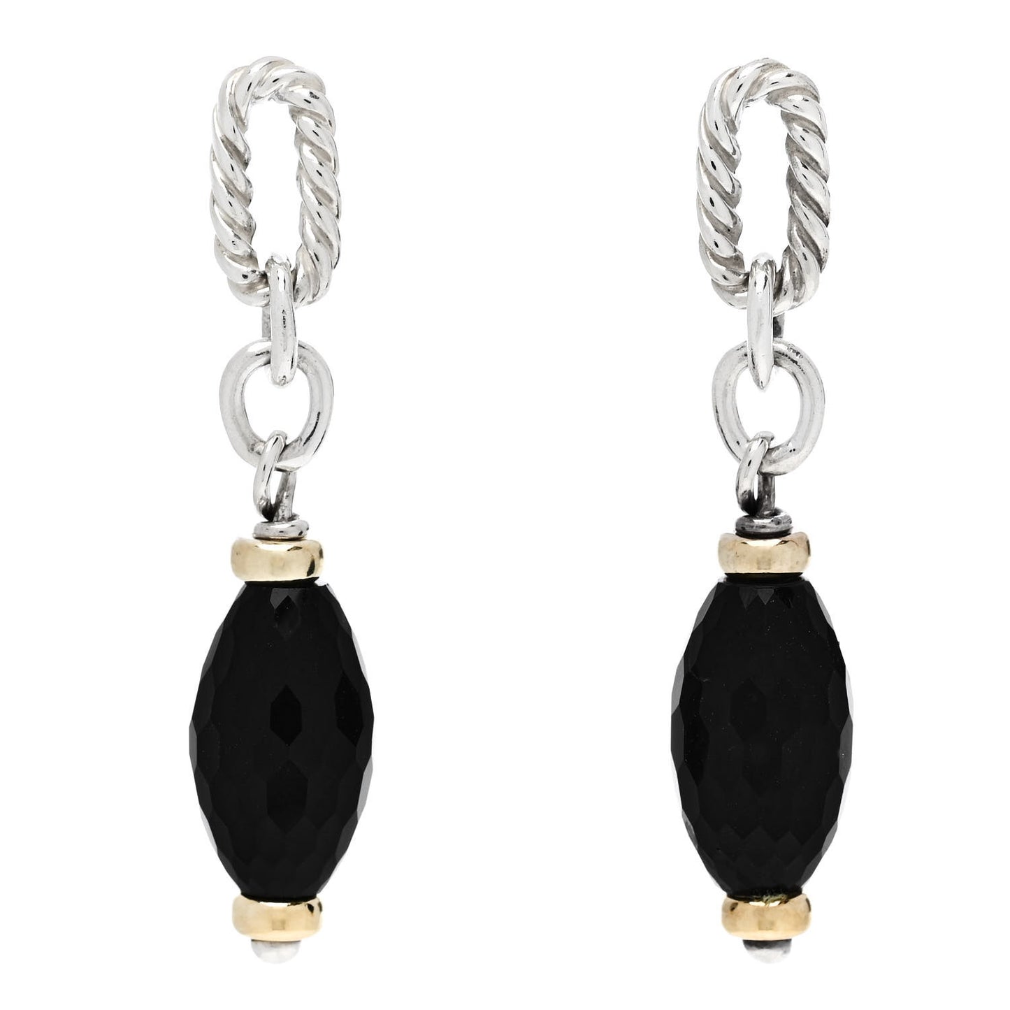 Sterling Silver 18K Yellow Gold Black Onyx Figaro Drop Earrings