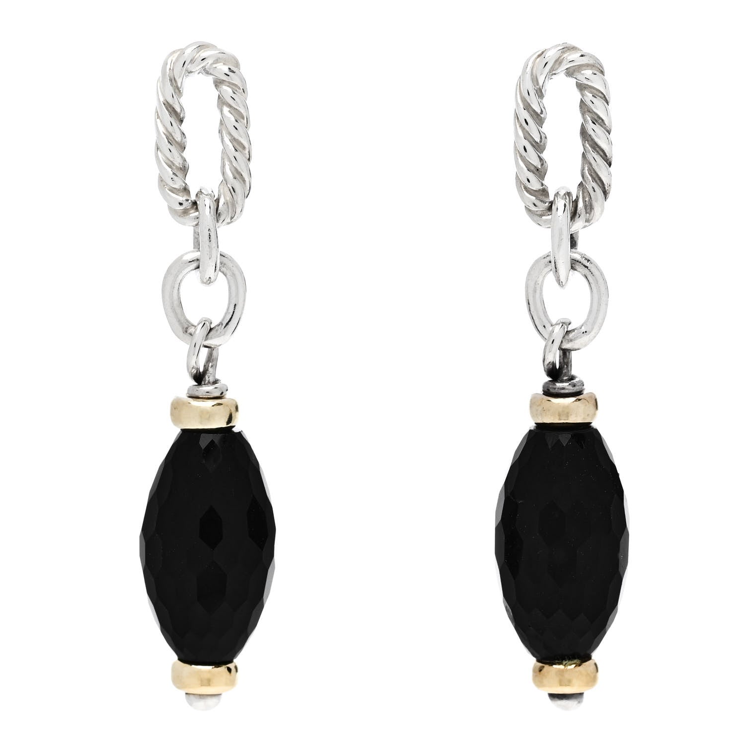 David Yurman Sterling Silver 18K Yellow Gold Black Onyx Figaro Drop Earrings 1 of 4