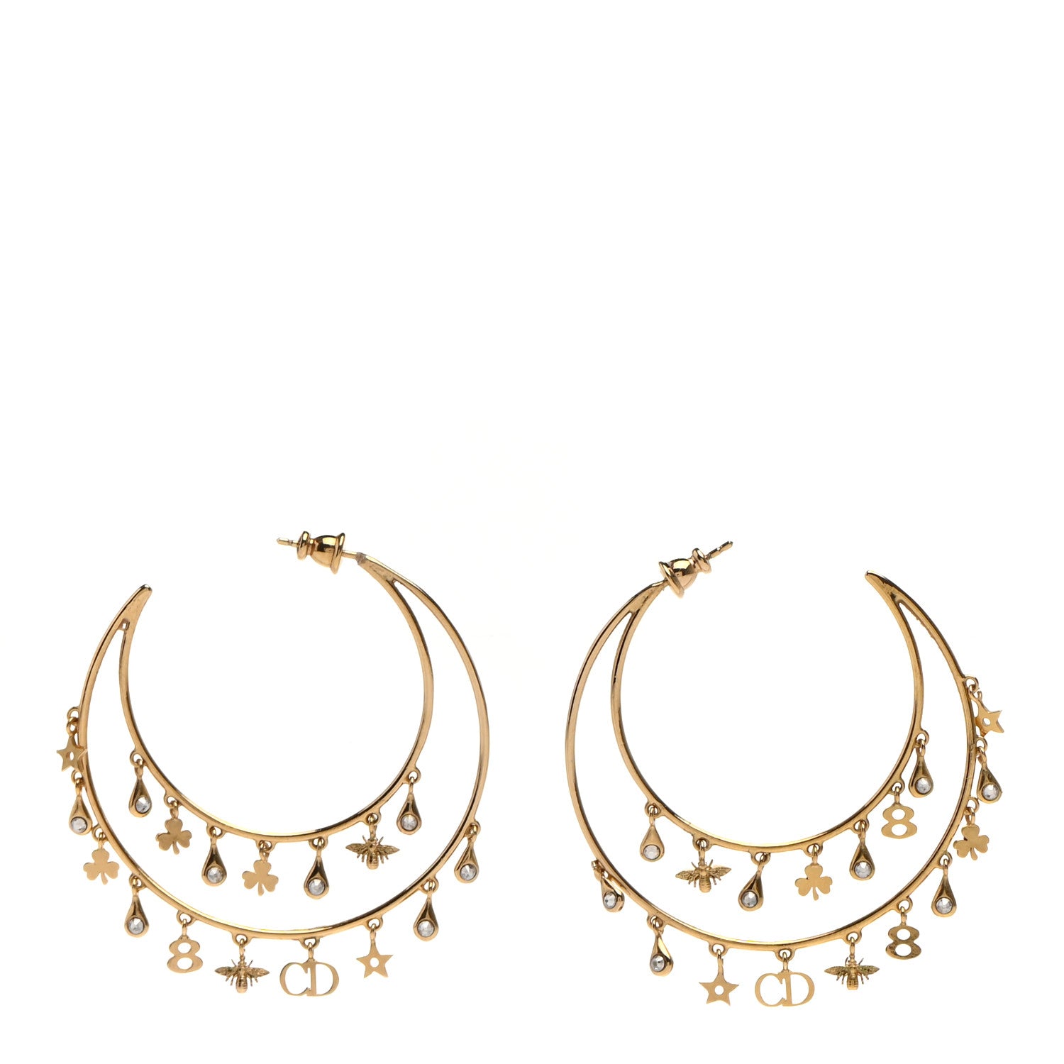 Christian Dior Crystal Charms Double Hoop Earrings Gold White 1 of 6