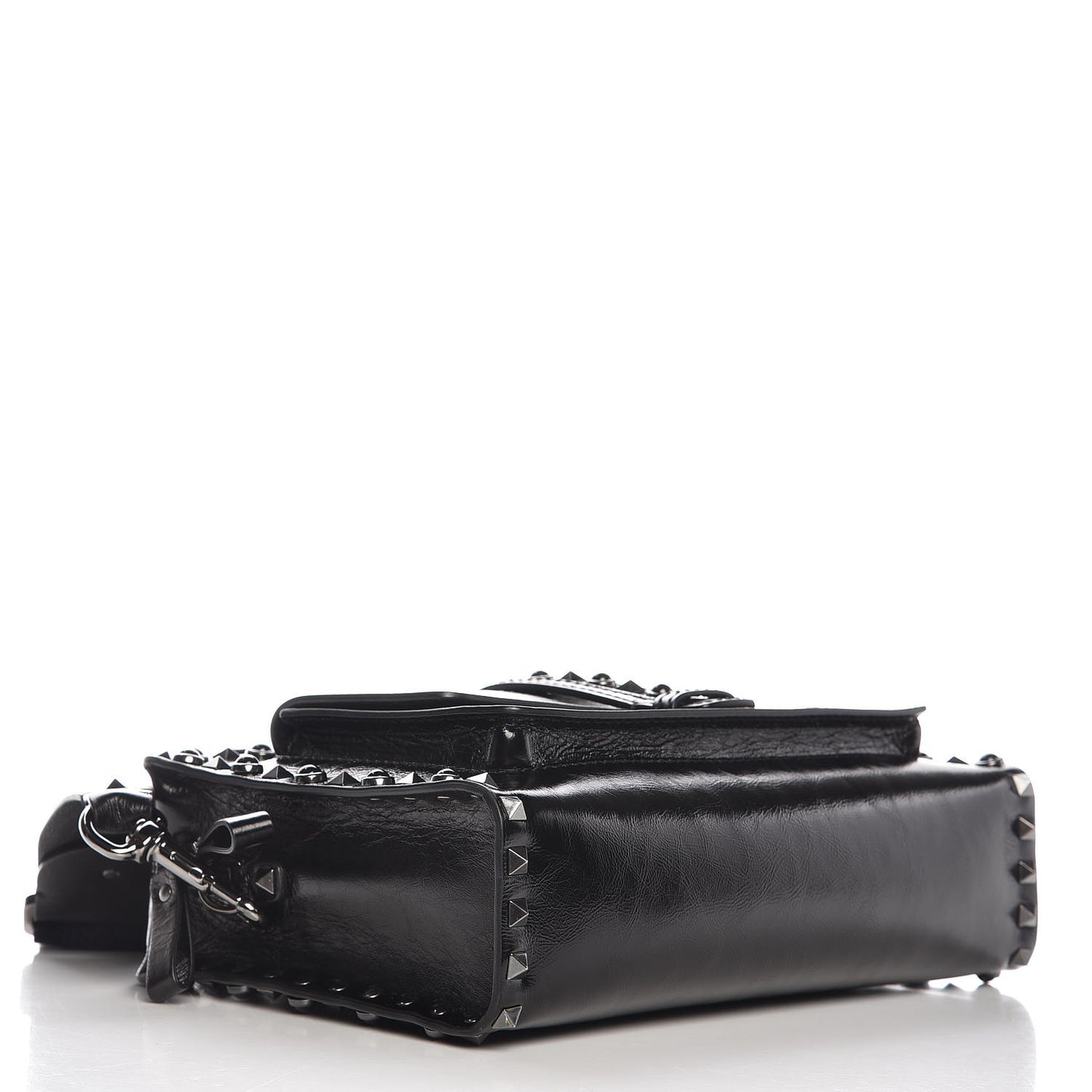 Craquele Calfskin Small Guitar Strap Rockstud Rolling Flap Pocket Shoulder Bag Black