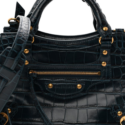 Balenciaga Extra Supple Calfskin Crocodile Embossed Neo Gold Hardware XS City Denim Blue 6 of 9