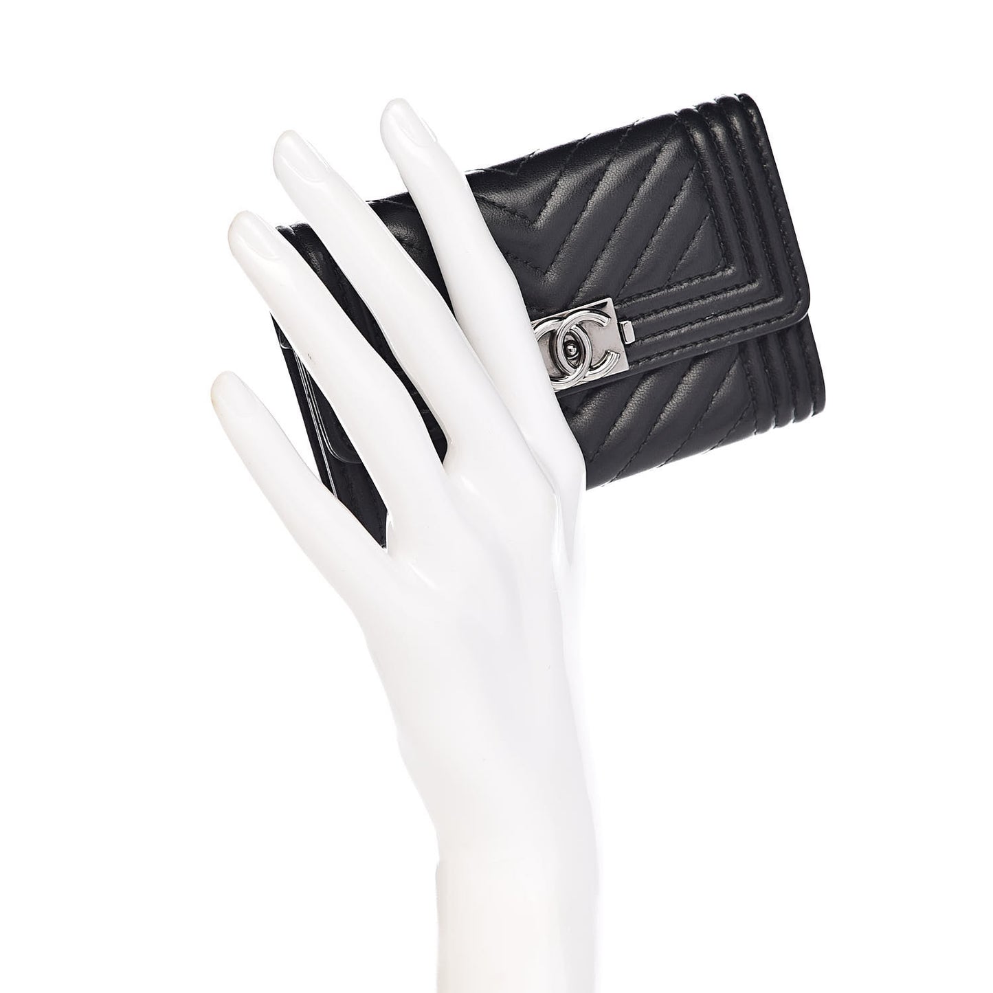 Lambskin Chevron Quilted Boy Card Holder Wallet Black
