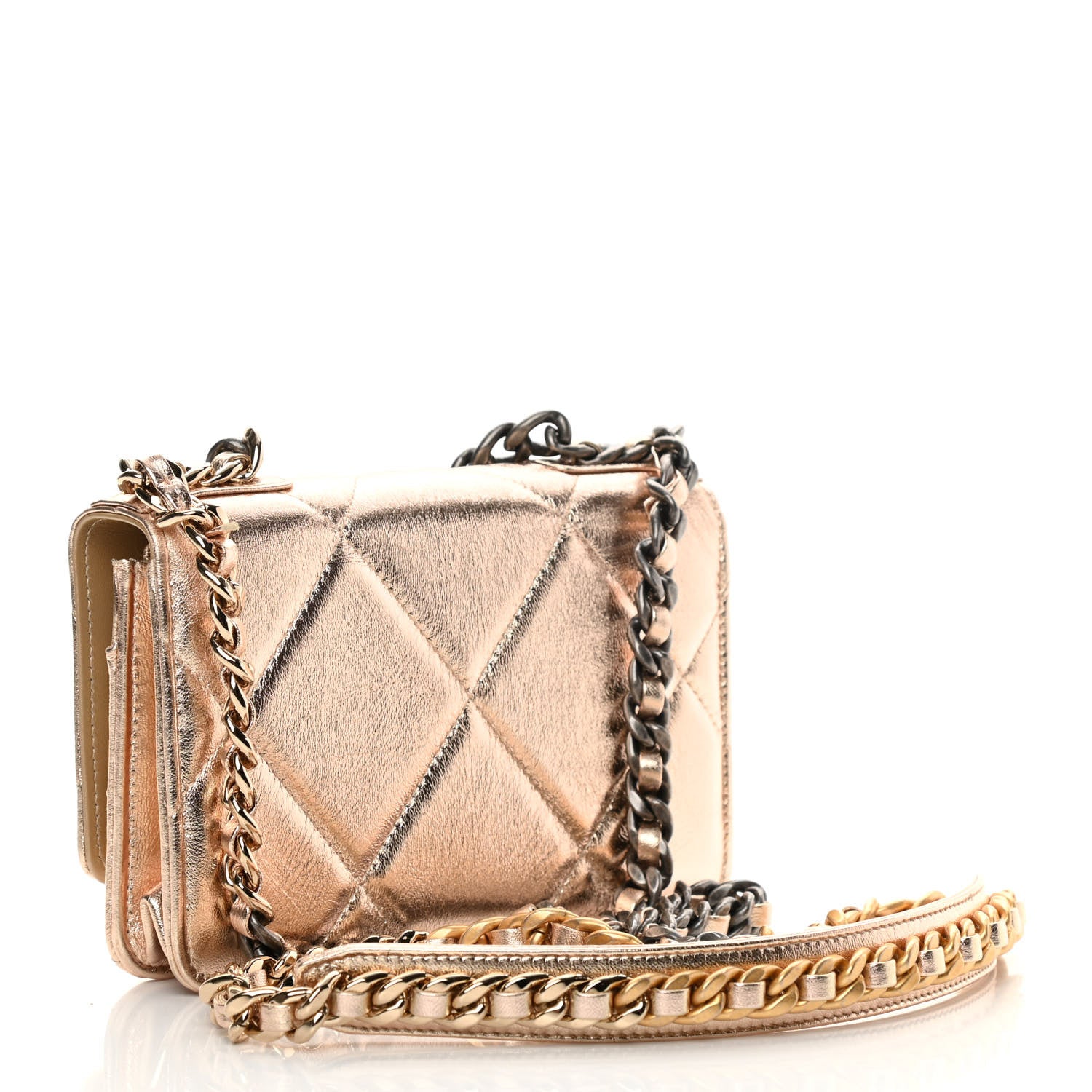 Chanel Metallic Goatskin Quilted Chanel 19 Wallet On Chain WOC Gold 2 of 12