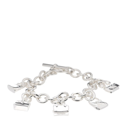 Hermes Sterling Silver Five Bags Amulette Charm Bracelet LG 1 of 6