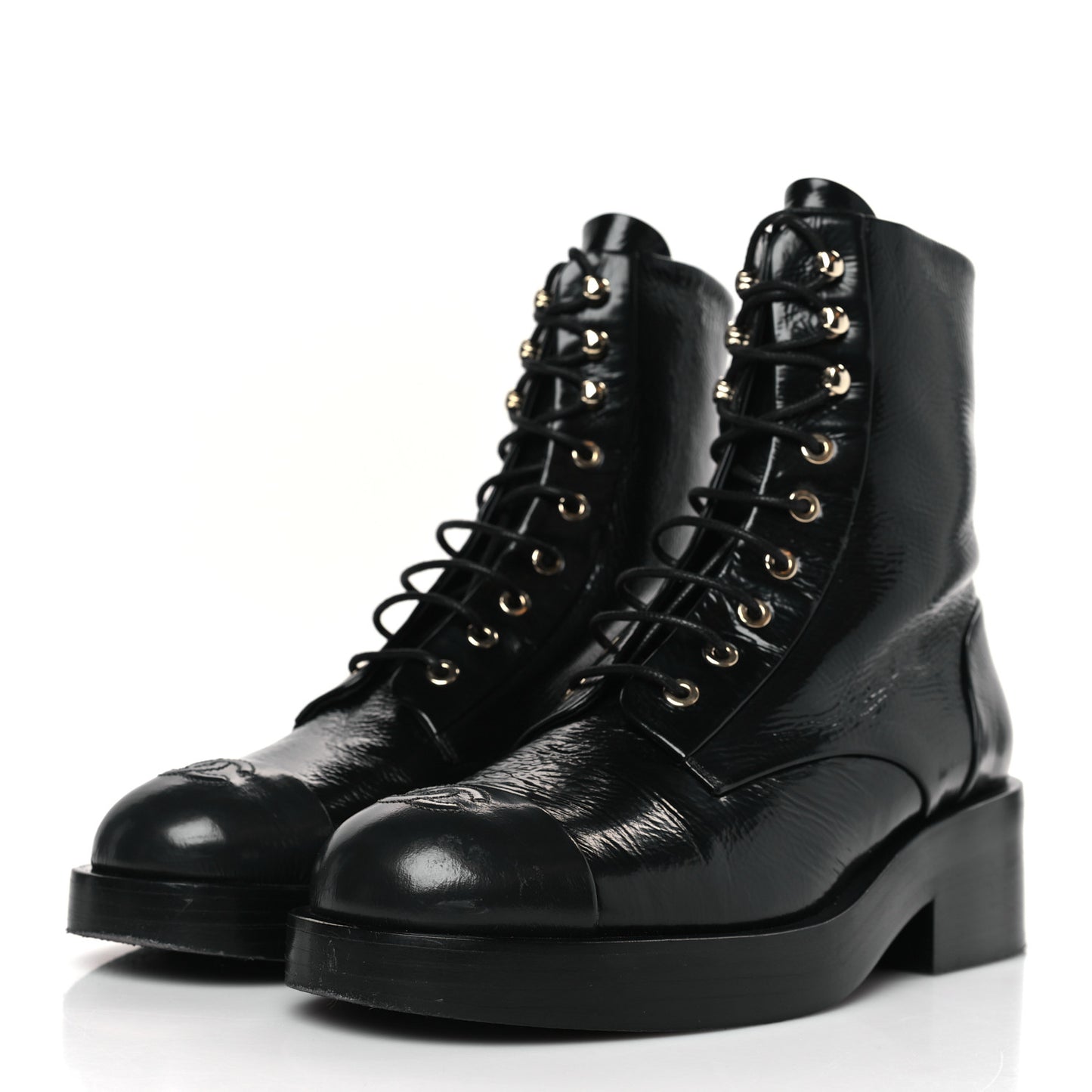 Shiny Goatskin Cap Toe Combat Boots 39.5 Black