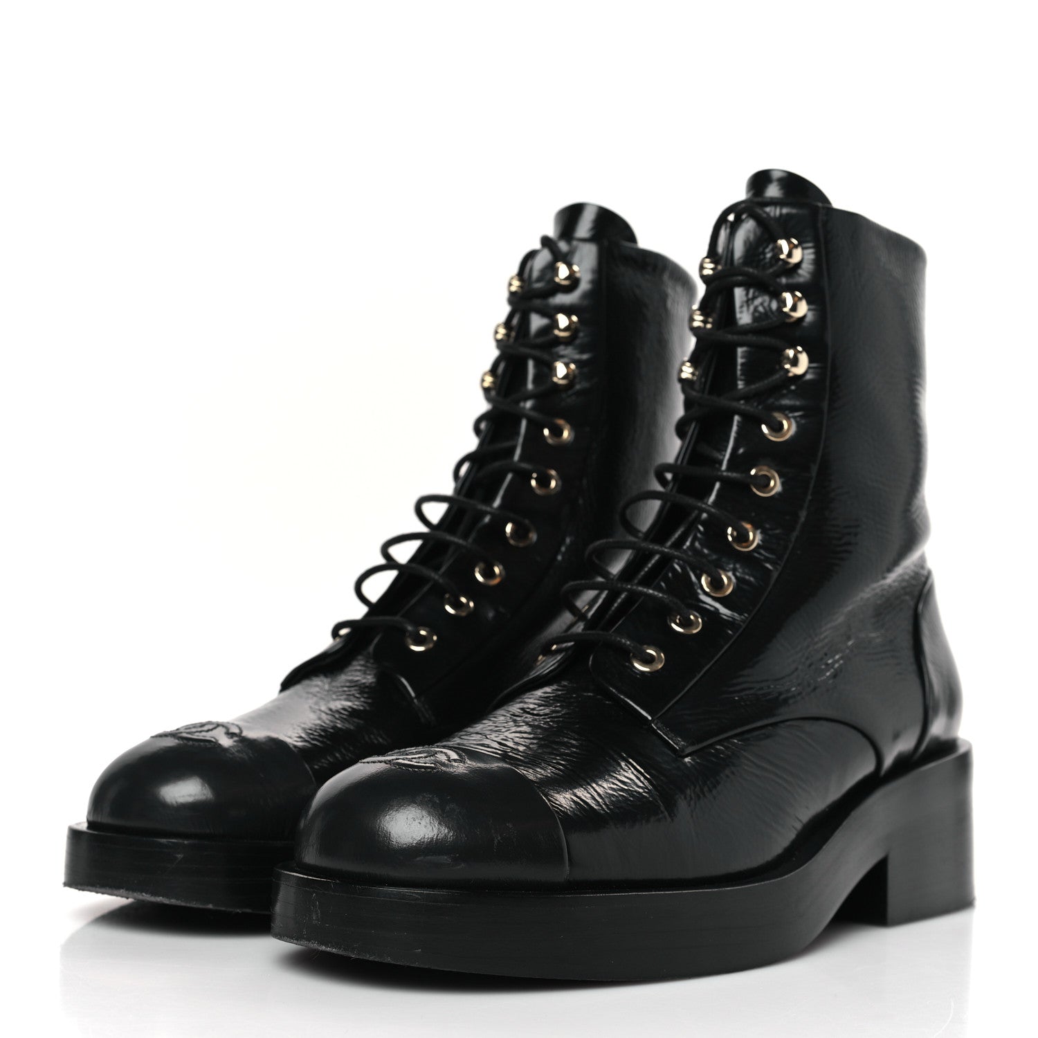 Chanel Shiny Goatskin Cap Toe Combat Boots 39.5 Black 3 of 7