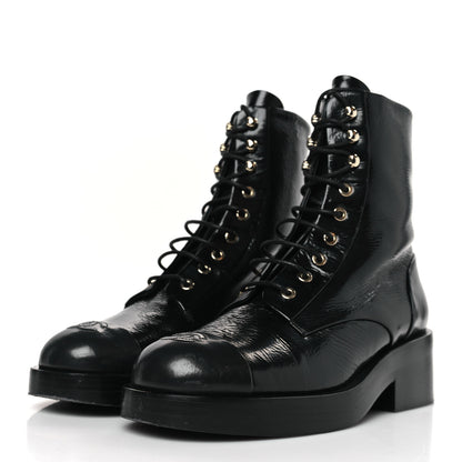 Chanel Shiny Goatskin Cap Toe Combat Boots 39.5 Black 3 of 7