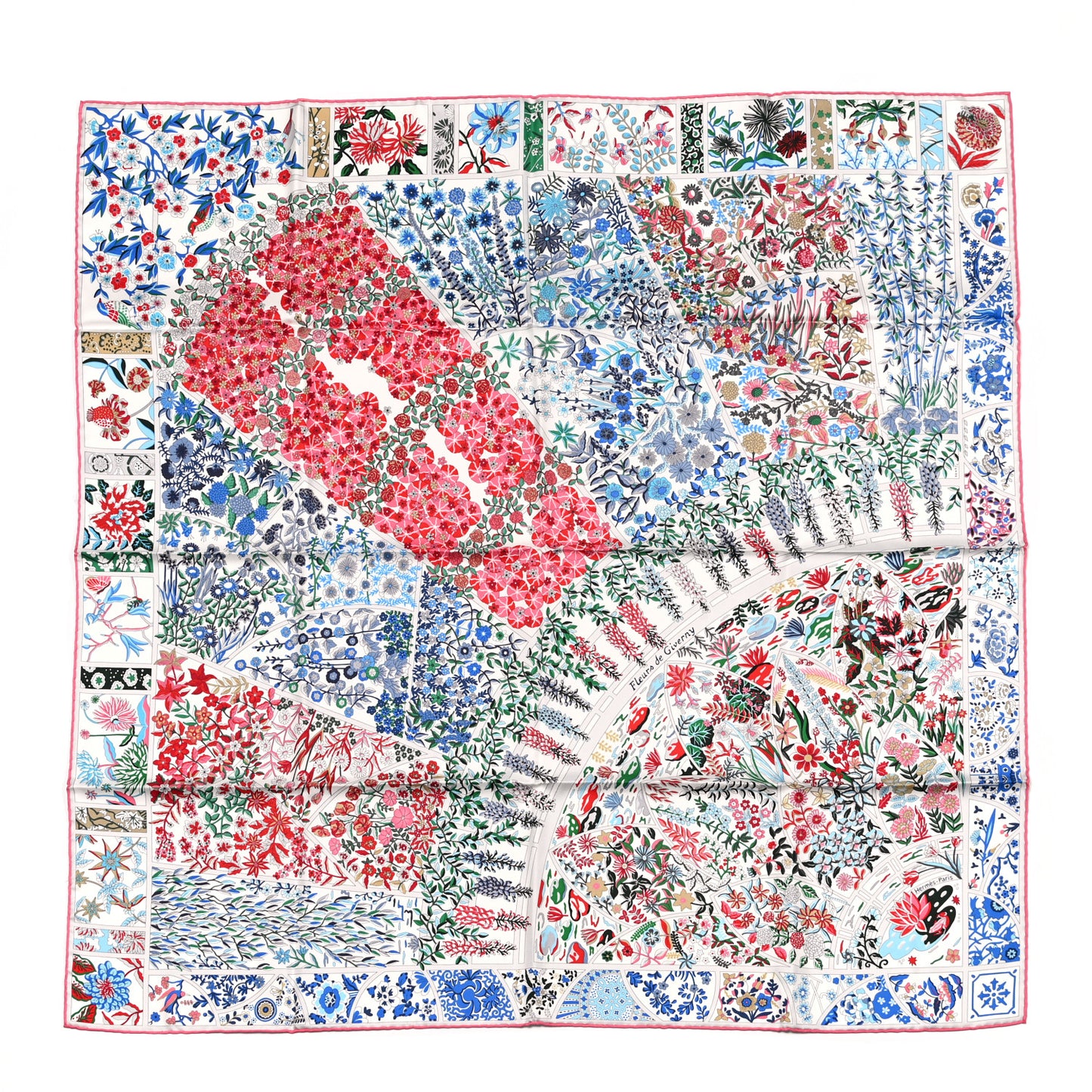 Silk Fleurs De Giverny Scarf 90 White Rouge Bleu