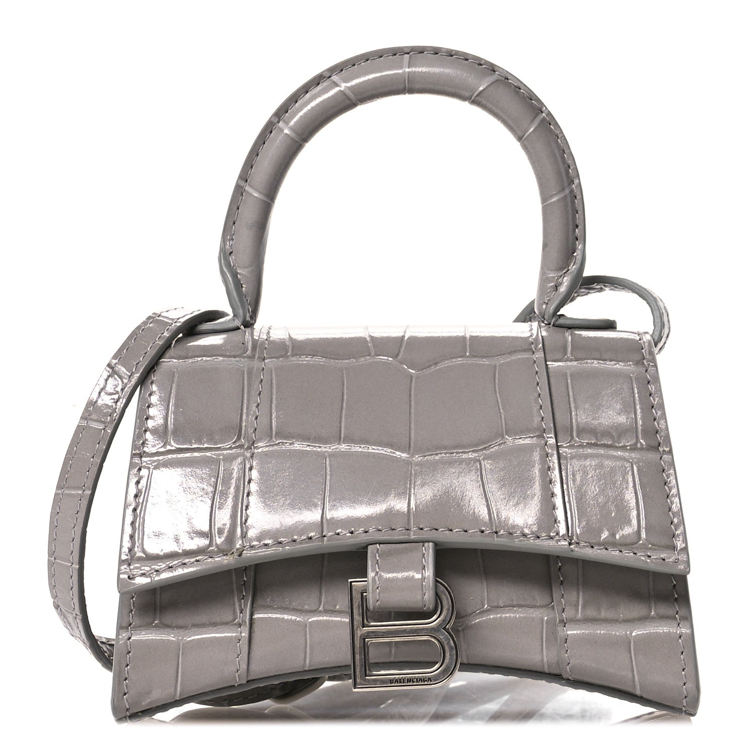 Balenciaga Shiny Calfskin Crocodile Embossed Hourglass Top Handle Bag Mini Steel Grey 1 of 11