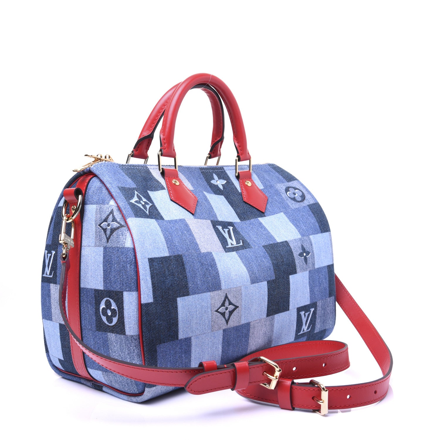Louis Vuitton Denim Damier Monogram Patchwork Speedy Bandouliere 30 Blue Rouge 7 of 25