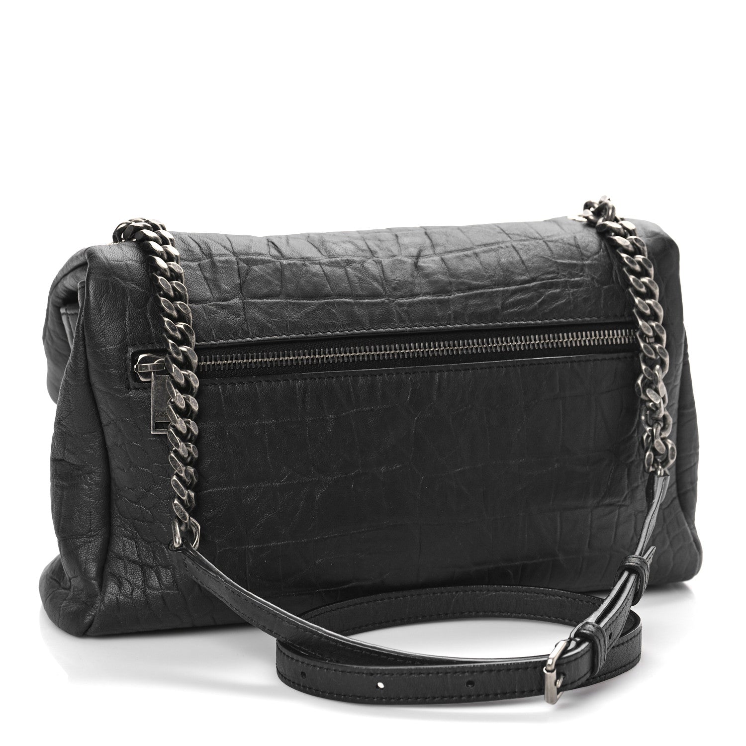 Saint Laurent Calfskin Crocodile Embossed Medium West Hollywood Monogram Fold-Over Black 3 of 8
