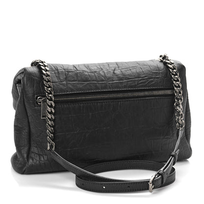 Saint Laurent Calfskin Crocodile Embossed Medium West Hollywood Monogram Fold-Over Black 3 of 8