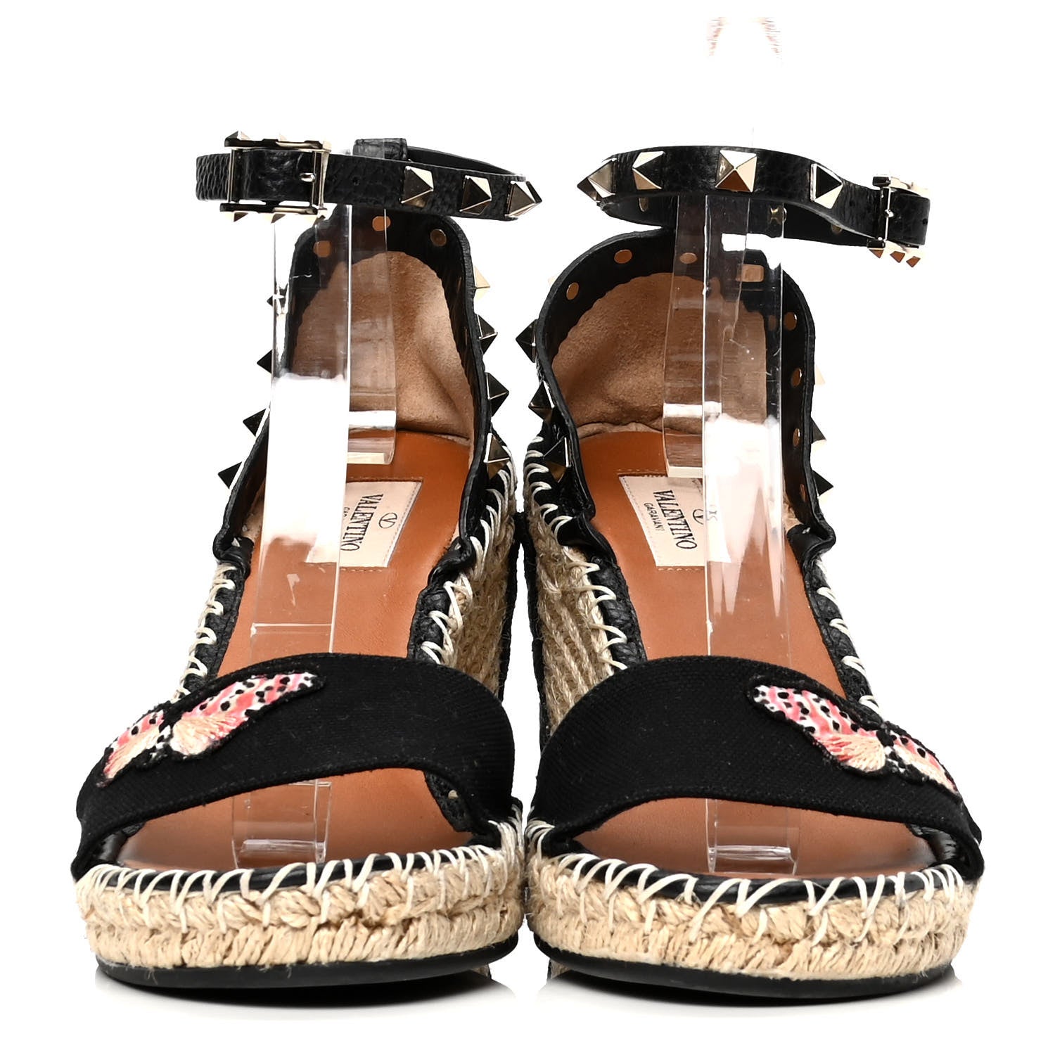 Valentino Garavani Canvas Butterfly Embroidered Rockstud Ankle Strap Espadrille 15/105mm Wedge Sandals 39 Black 2 of 6