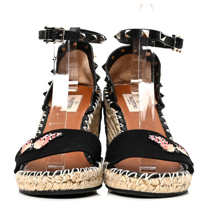 Valentino Garavani Canvas Butterfly Embroidered Rockstud Ankle Strap Espadrille 15/105mm Wedge Sandals 39 Black 2 of 6